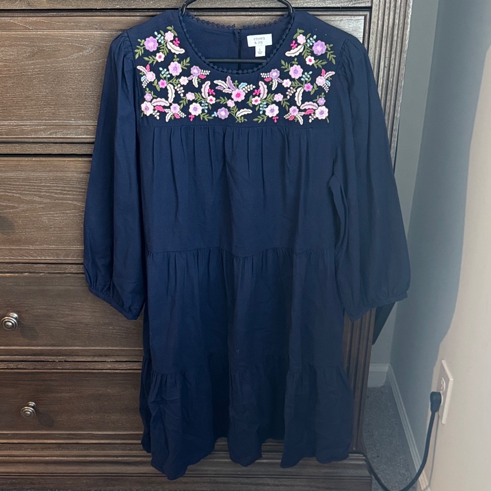 Crown & Ivy Navy Dress with Floral Accents